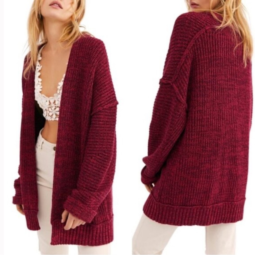 Free People High Hopes Open front Cardigan Sweater in Plum Blossom Combo